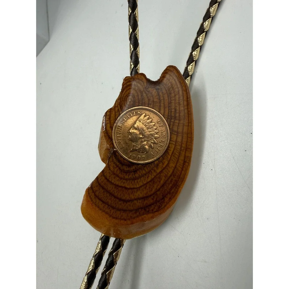 Vintage Dennis Dahl 1996 Wood Bolo Tie 1907 Indian Head Penny Gold Feather Tips